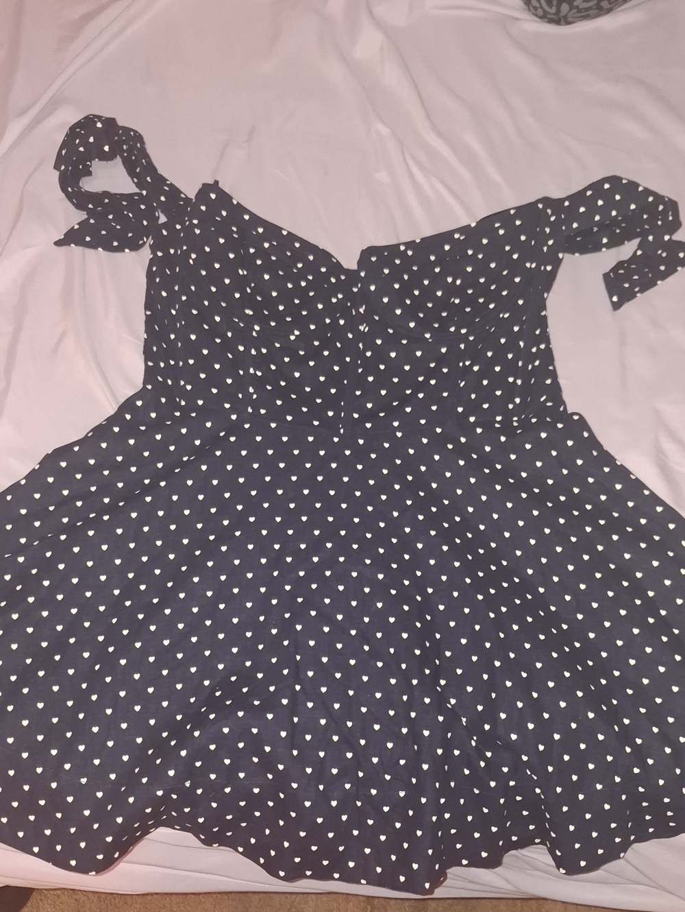 Navy Mini Dress with White Heart Print and Tie Shoulder Straps